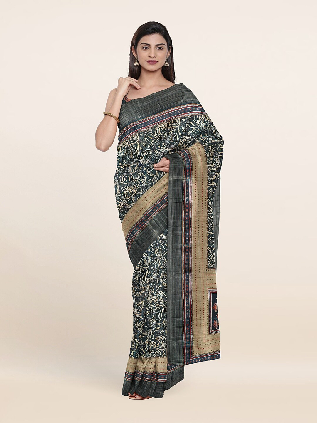 

Pothys Green & Red Jute Silk Saree
