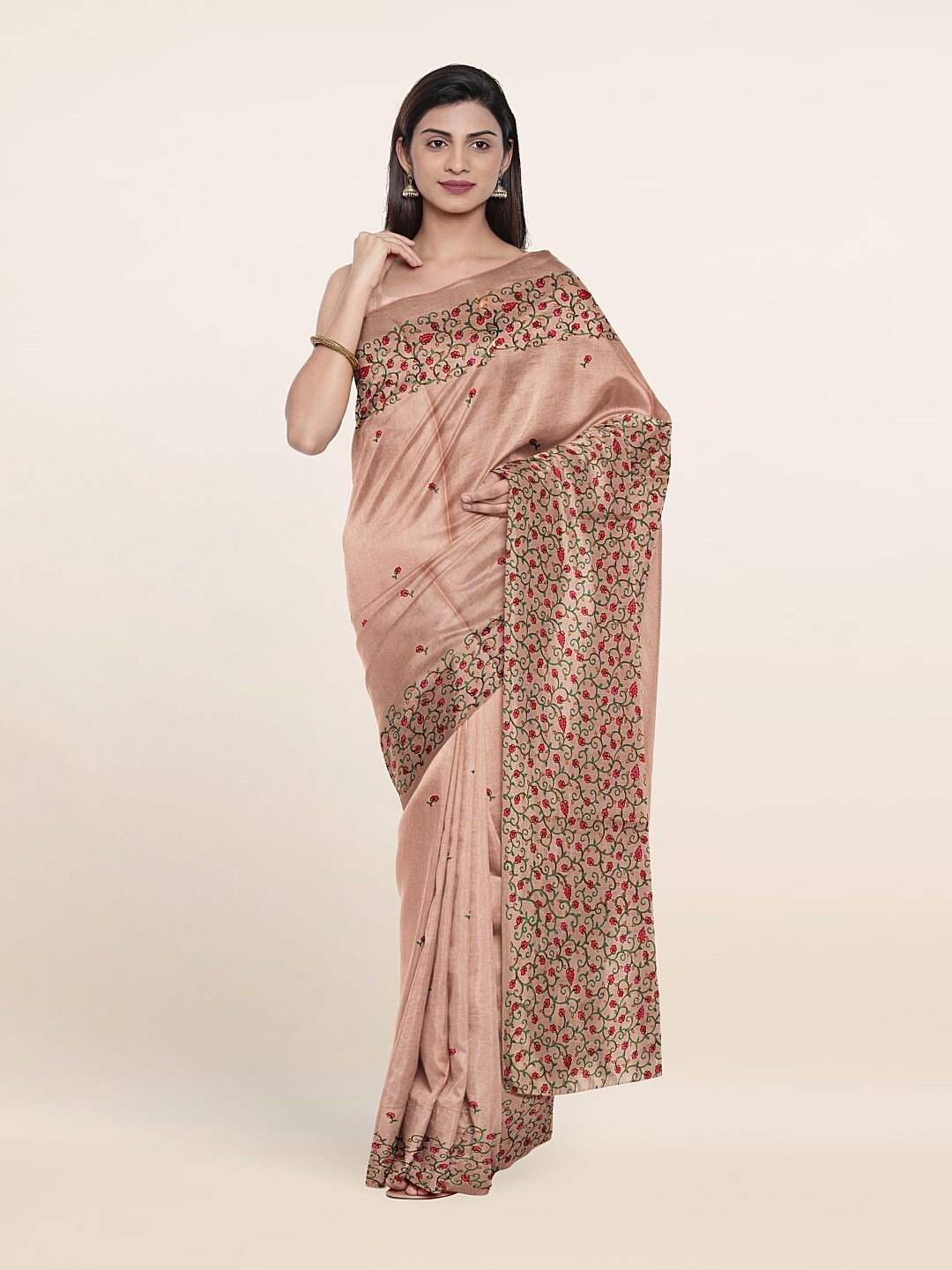 

Pothys Beige & Red Floral Embroidered Jute Silk Saree