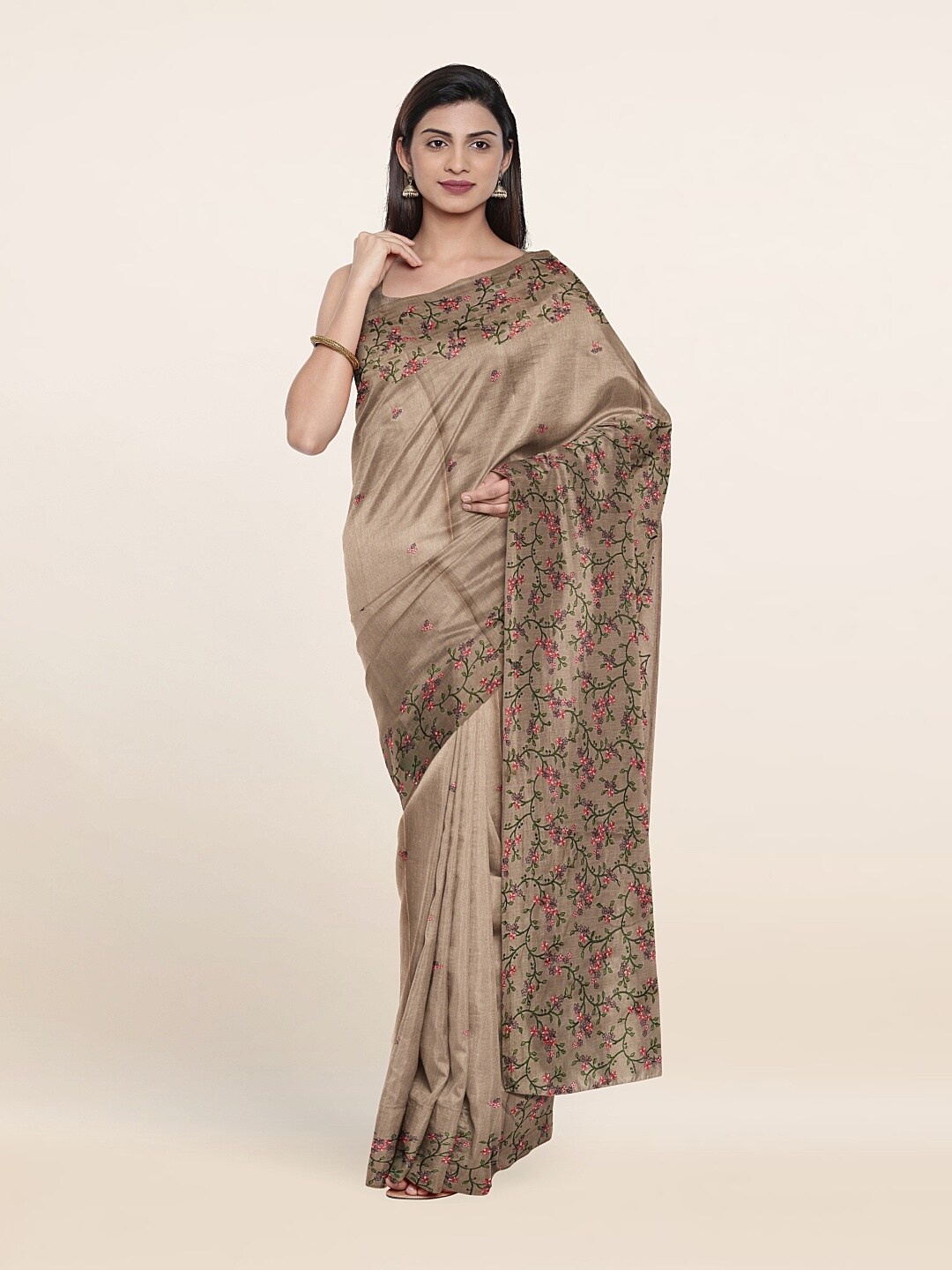 

Pothys Grey & Red Floral Embroidered Jute Silk Saree