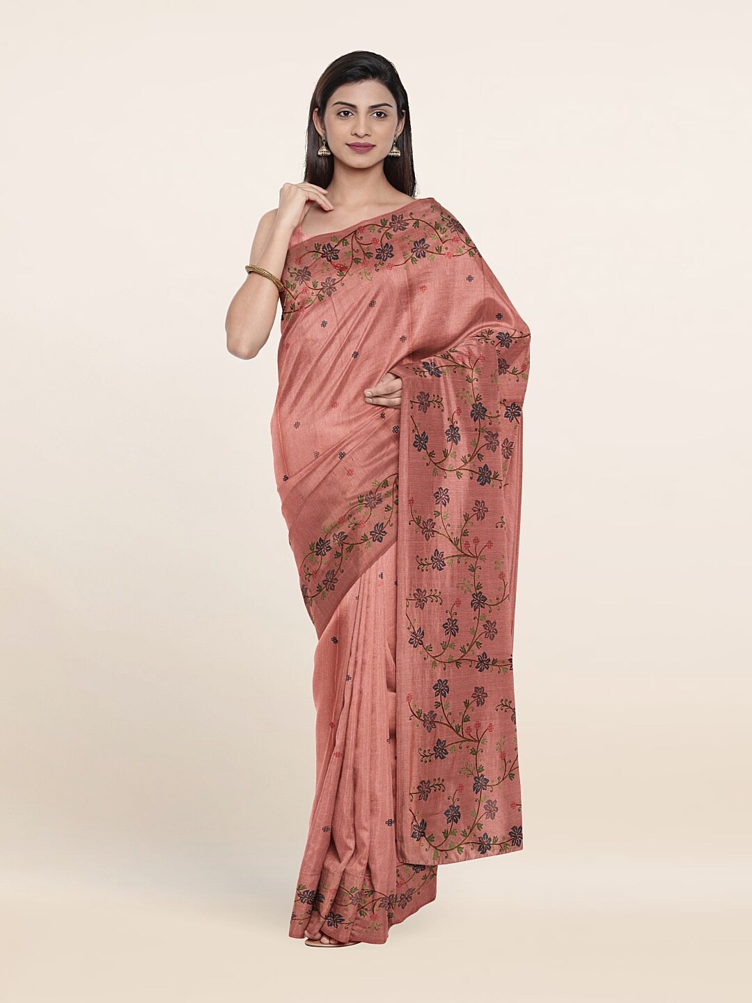 

Pothys Rust & Blue Floral Embroidered Jute Silk Saree