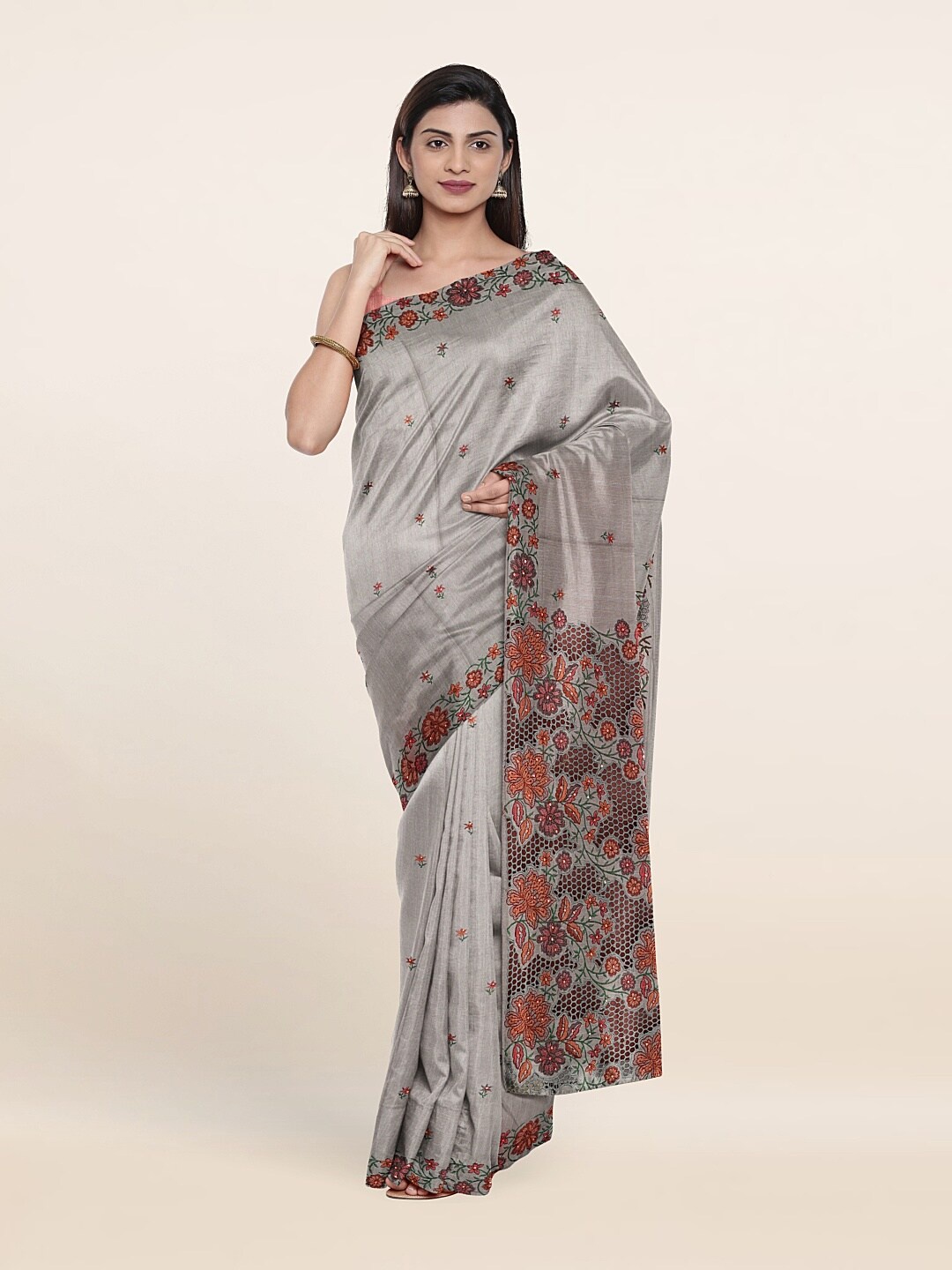 

Pothys Grey & Red Floral Embroidered Jute Silk Saree