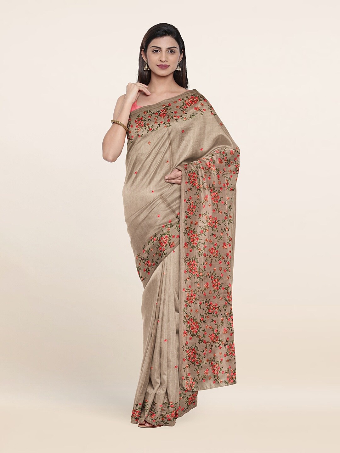 

Pothys Beige & Pink Floral Embroidered Jute Silk Saree