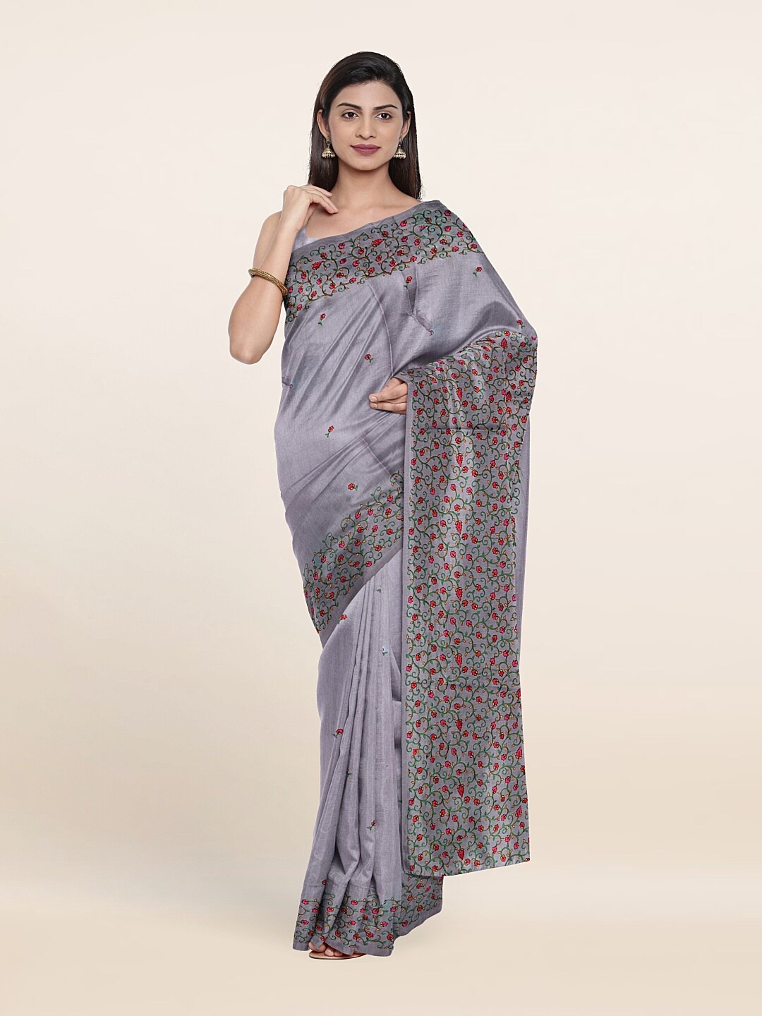 

Pothys Grey & Pink Floral Embroidered Jute Silk Saree