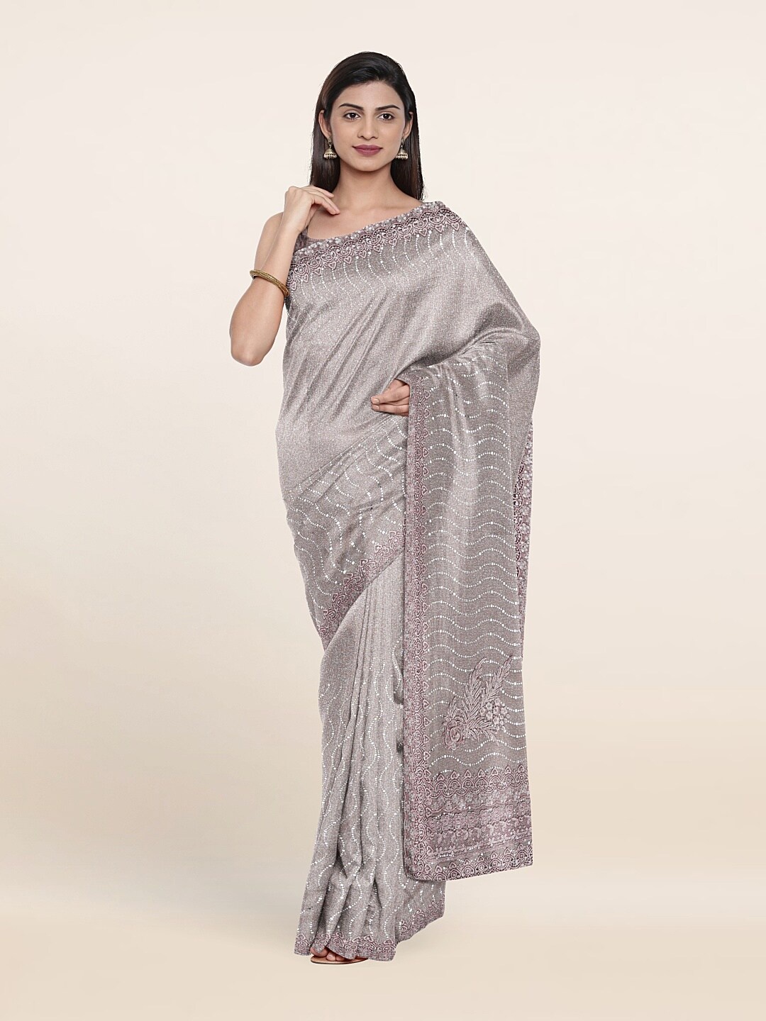 

Pothys Pink & Grey Embellished Beads and Stones Georgette Saree