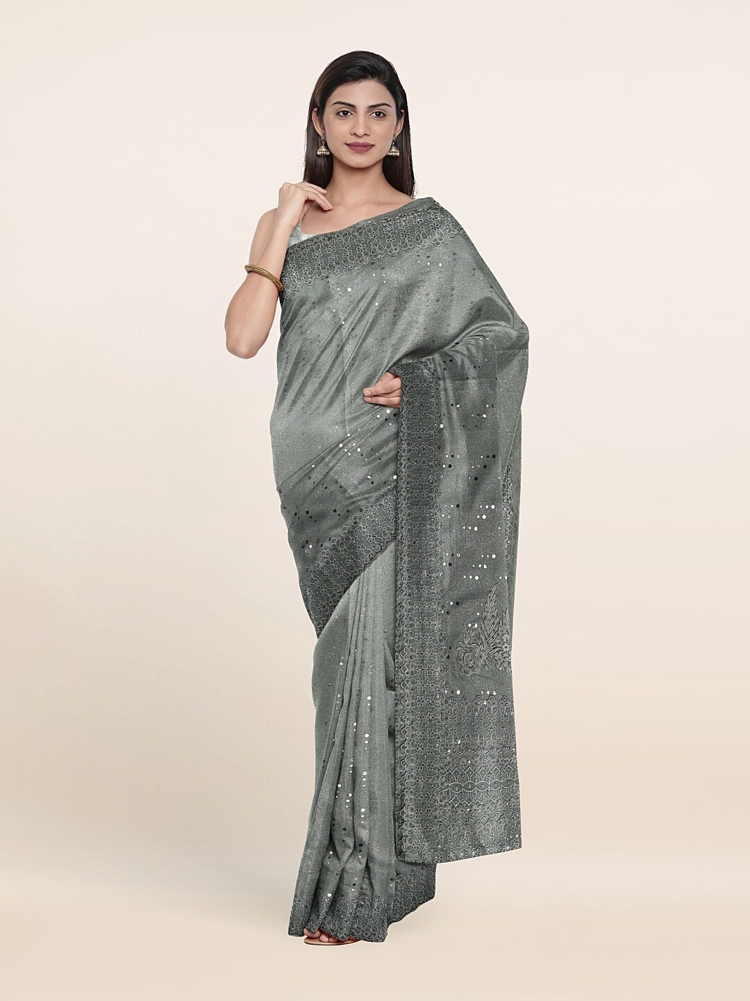 

Pothys Green Embellished Beads and Stones Georgette Saree