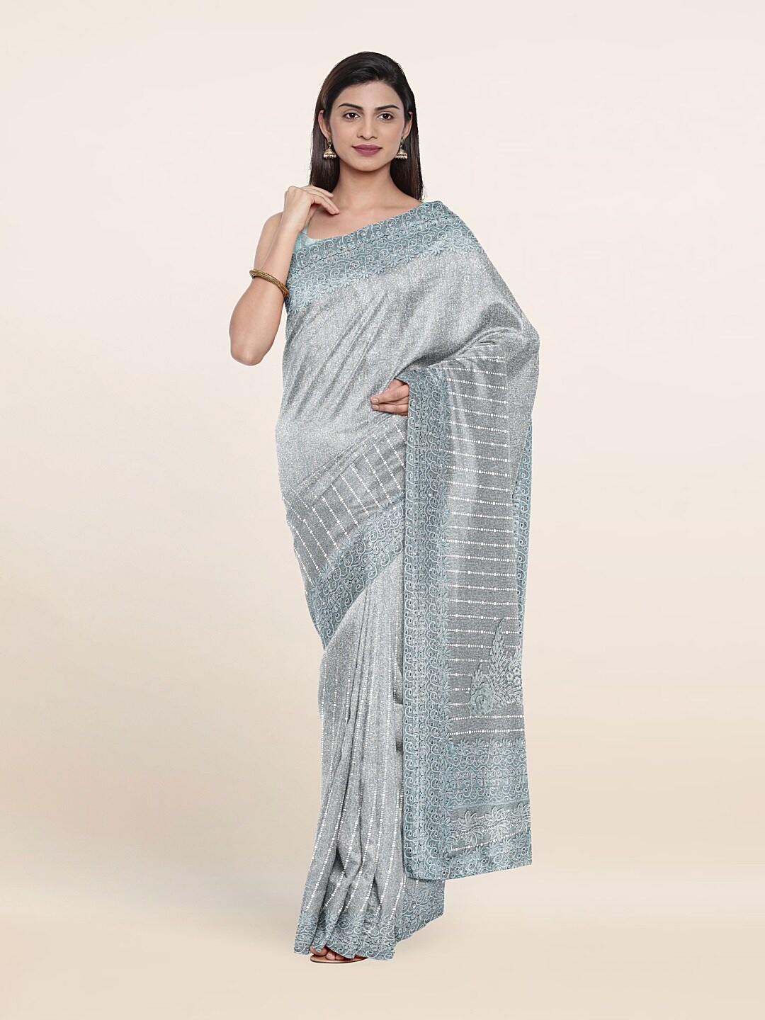 

Pothys Blue & White Striped Embroidered Georgette Saree