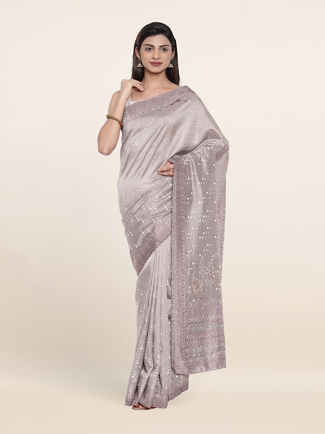 

Pothys Peach-Coloured & Grey Embellished Beads and Stones Georgette Saree