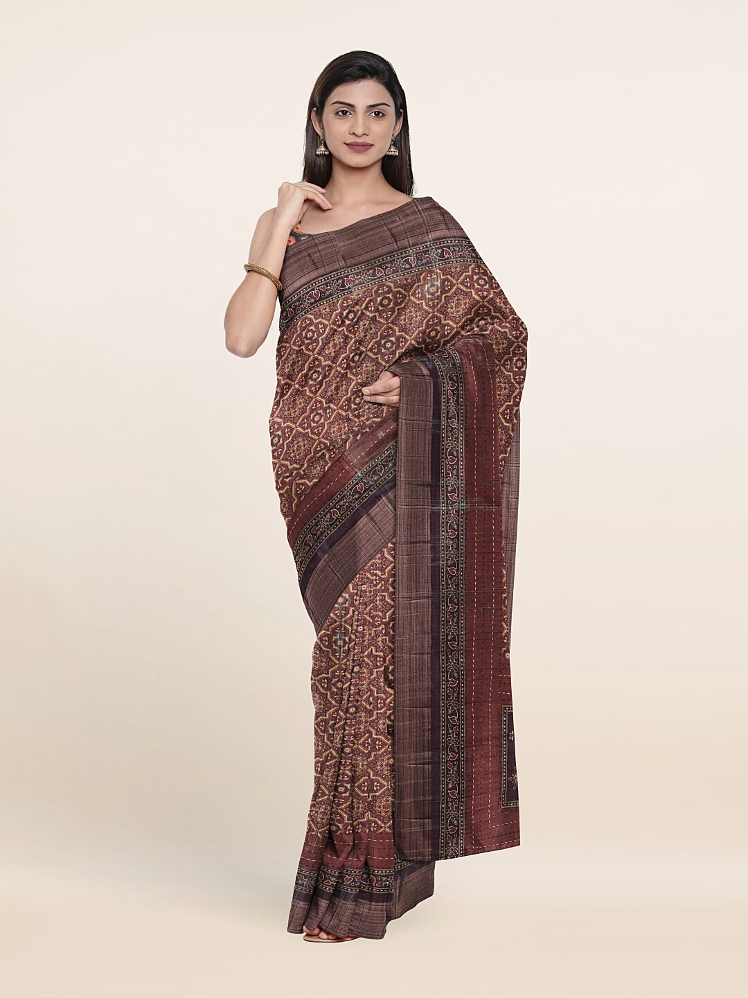 

Pothys Brown & Green Ethnic Motifs Jute Silk Saree
