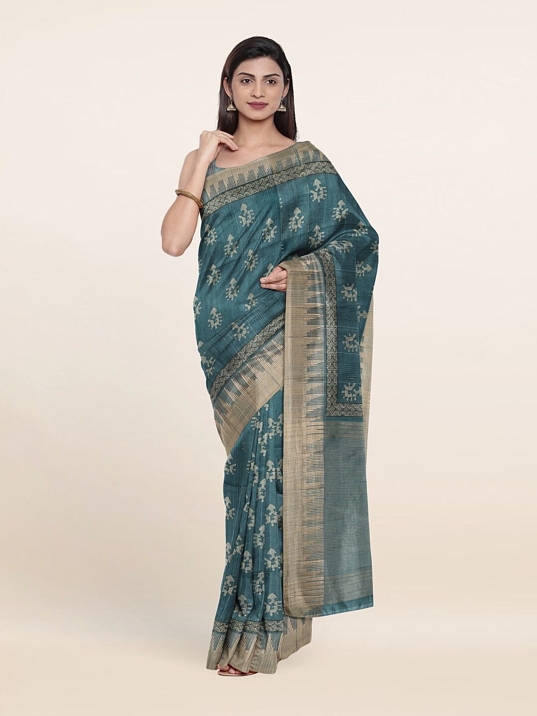 

Pothys Blue & Gold-Toned Ethnic Motifs Jute Silk Saree