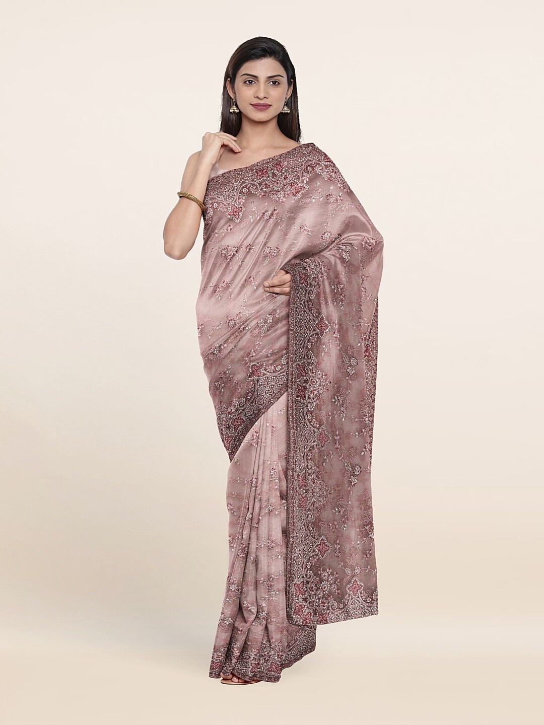 

Pothys Peach-Coloured & Silver-Toned Floral Beads and Stones Net Saree