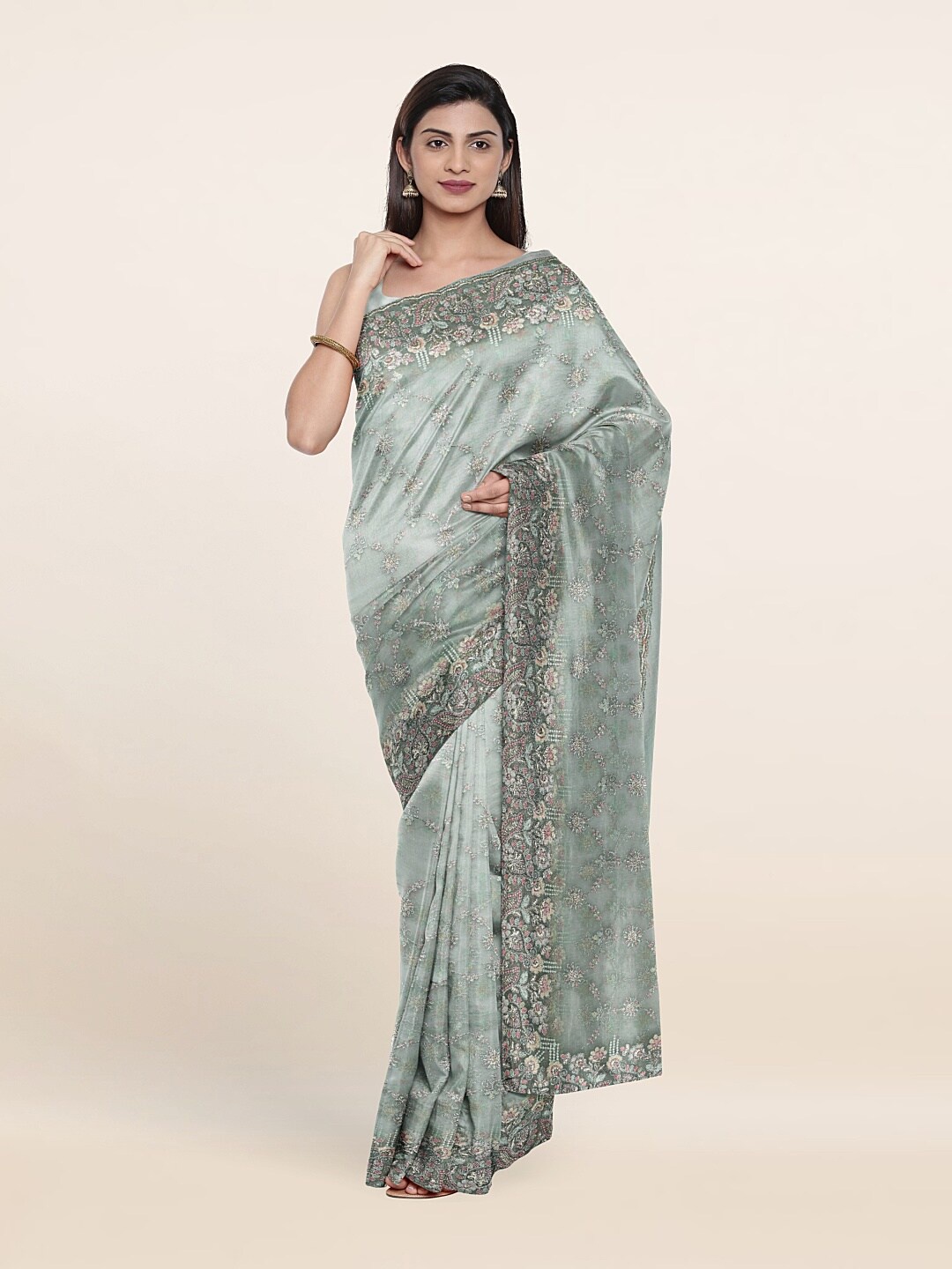 

Pothys Blue & Pink Floral Embroidered Net Saree