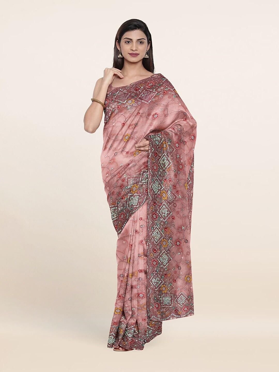

Pothys Peach-Coloured & Yellow Floral Beads and Stones Net Saree