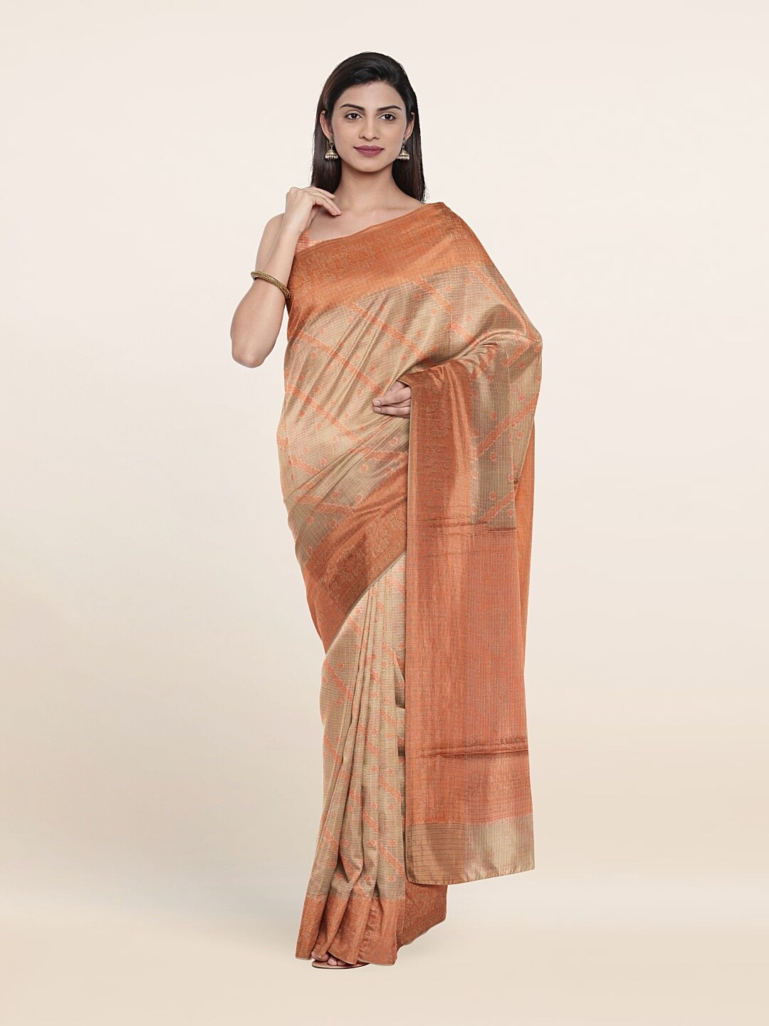 

Pothys Cream-Coloured & Copper-Toned Ethnic Motifs Zari Jute Silk Saree