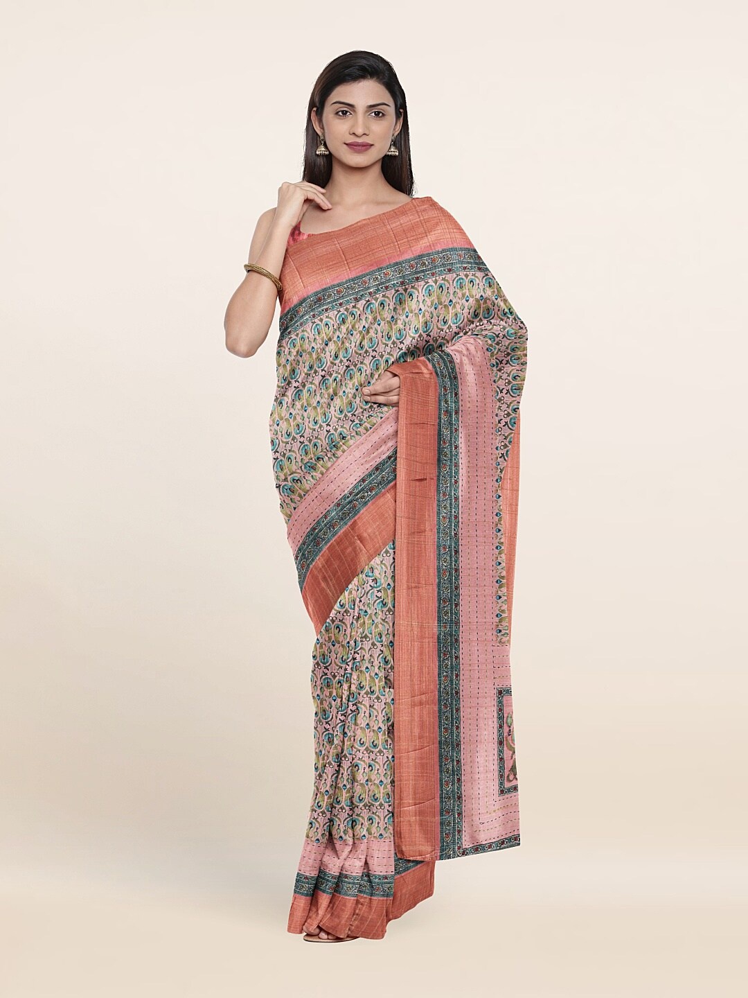 

Pothys Pink & Blue Paisley Jute Silk Saree