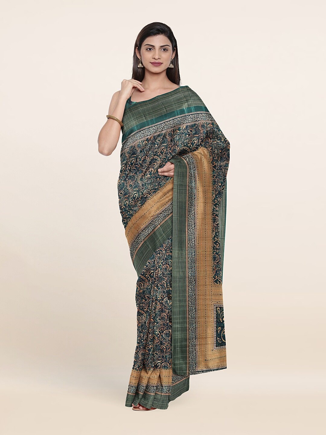 

Pothys Green & Brown Paisley Jute Silk Saree