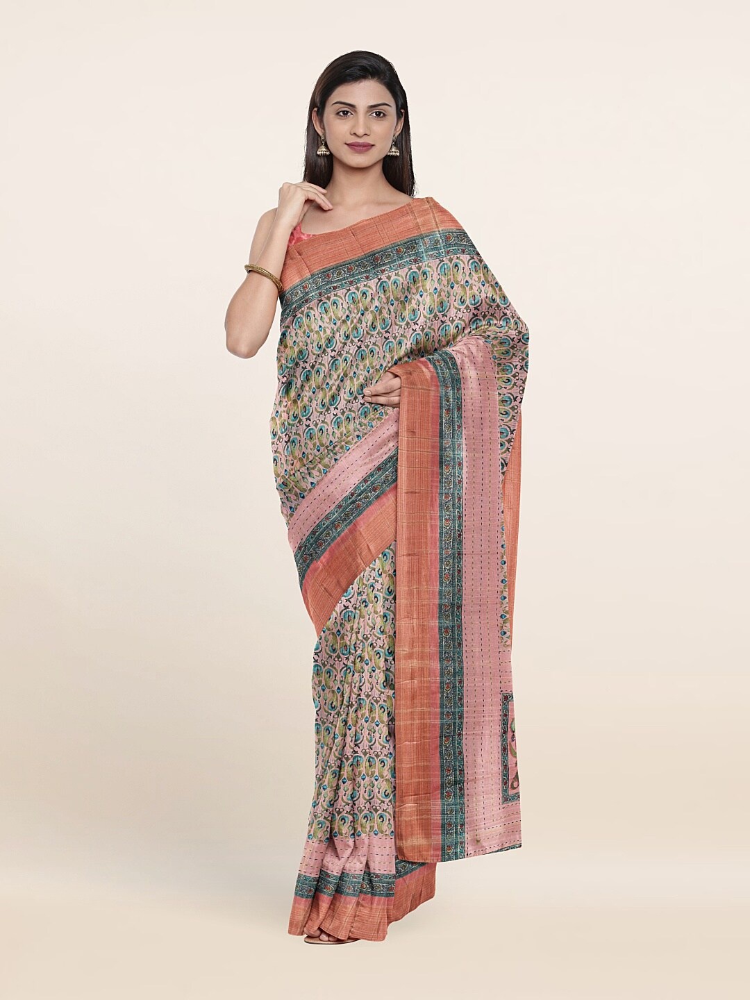 

Pothys Pink & Green Paisley Jute Silk Saree
