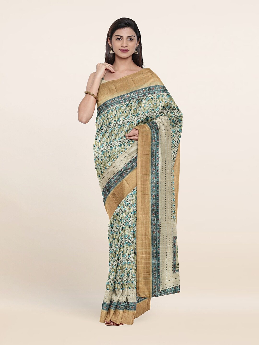 

Pothys Cream-Coloured & Blue Paisley Jute Silk Saree