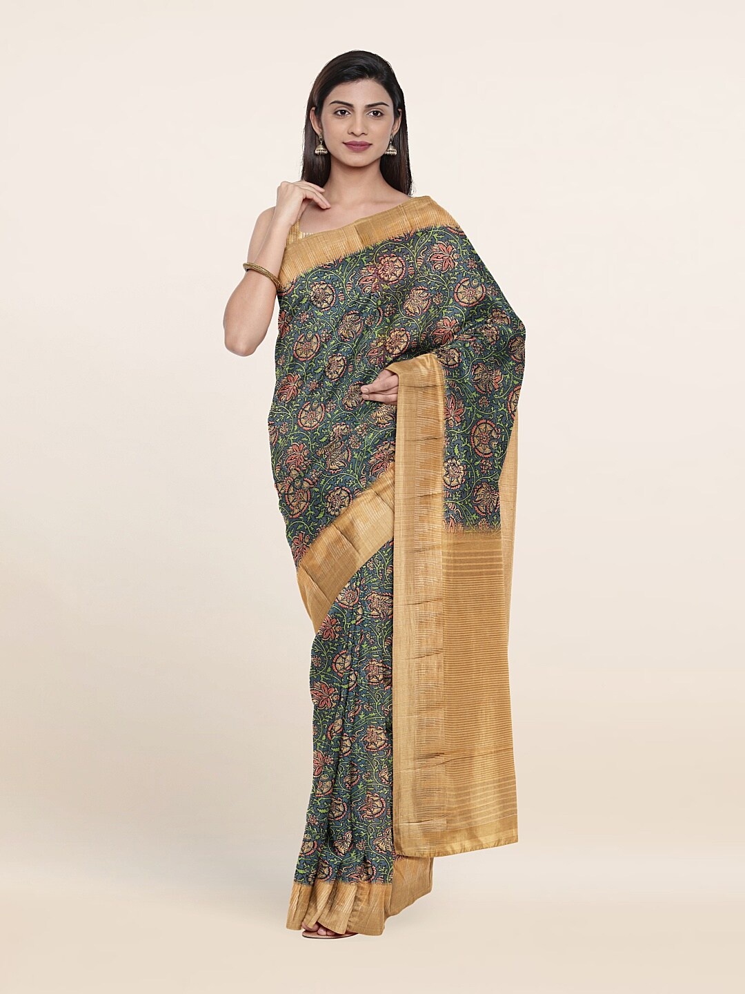 

Pothys Grey & Green Floral Jute Silk Saree