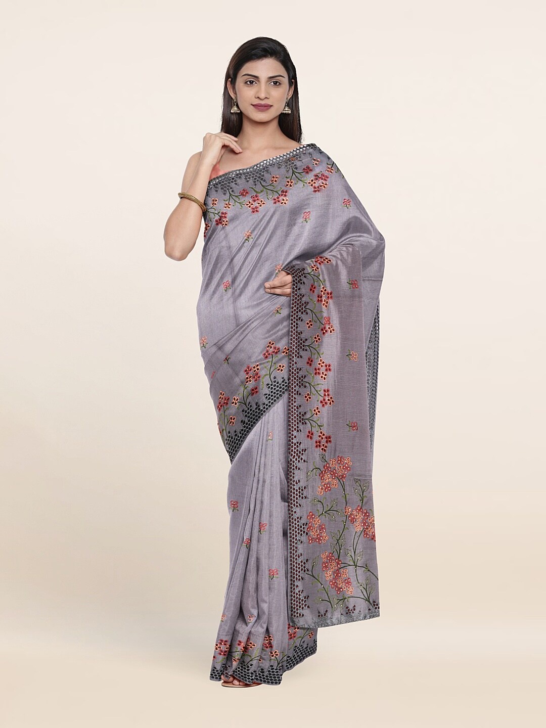 

Pothys Grey & Orange Floral Beads and Stones Jute Silk Saree