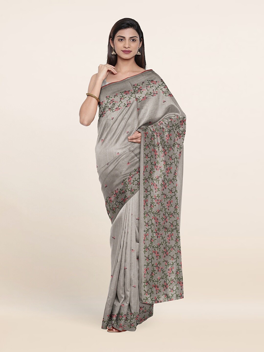 

Pothys Grey & Pink Floral Jute Silk Saree