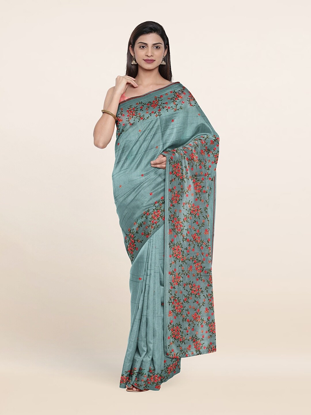 

Pothys Blue & Pink Floral Jute Silk Saree