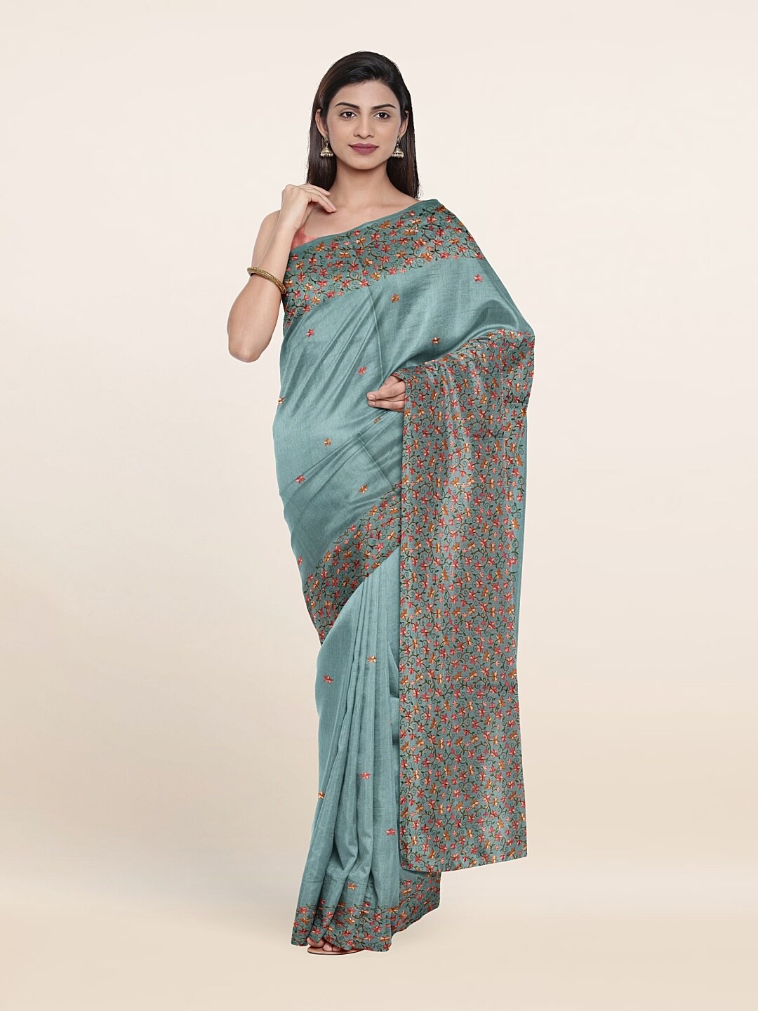 

Pothys Blue & Pink Floral Jute Silk Saree