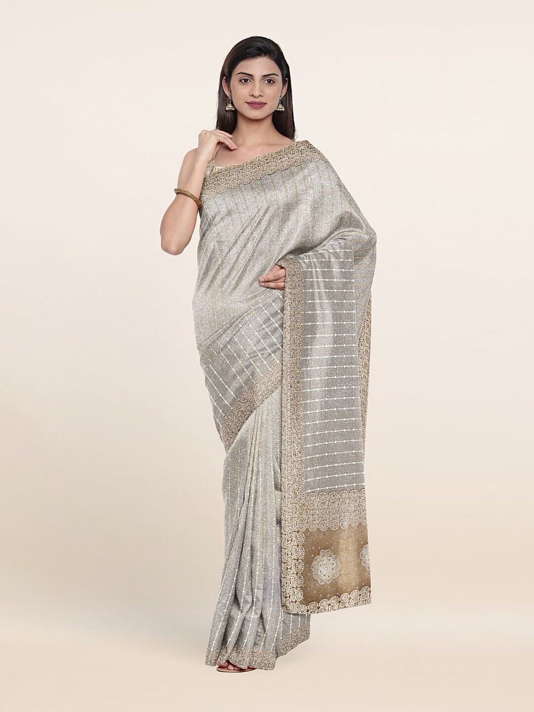 

Pothys Silver-Toned & Gold-Toned Striped Beads and Stones Saree