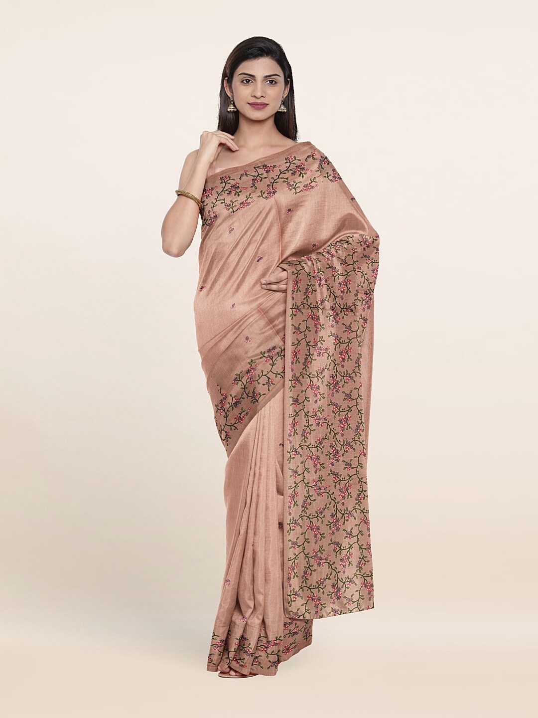 

Pothys Peach-Coloured Floral Jute Silk Saree