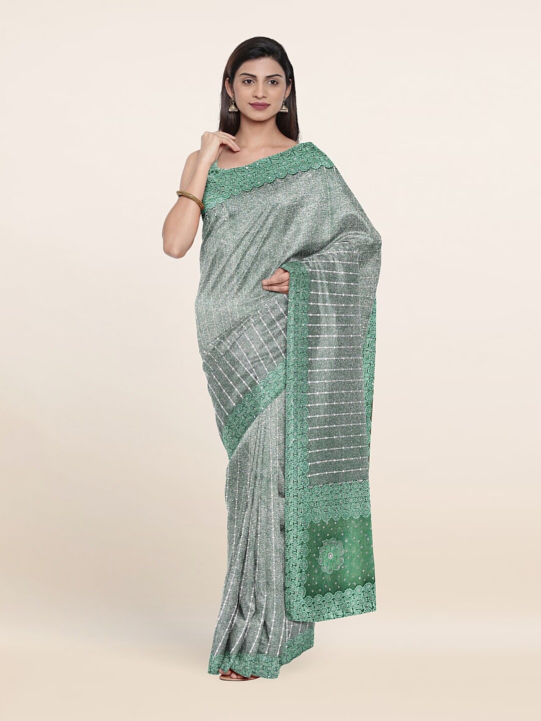 

Pothys Green & Silver-Toned Floral Beads and Stones Saree