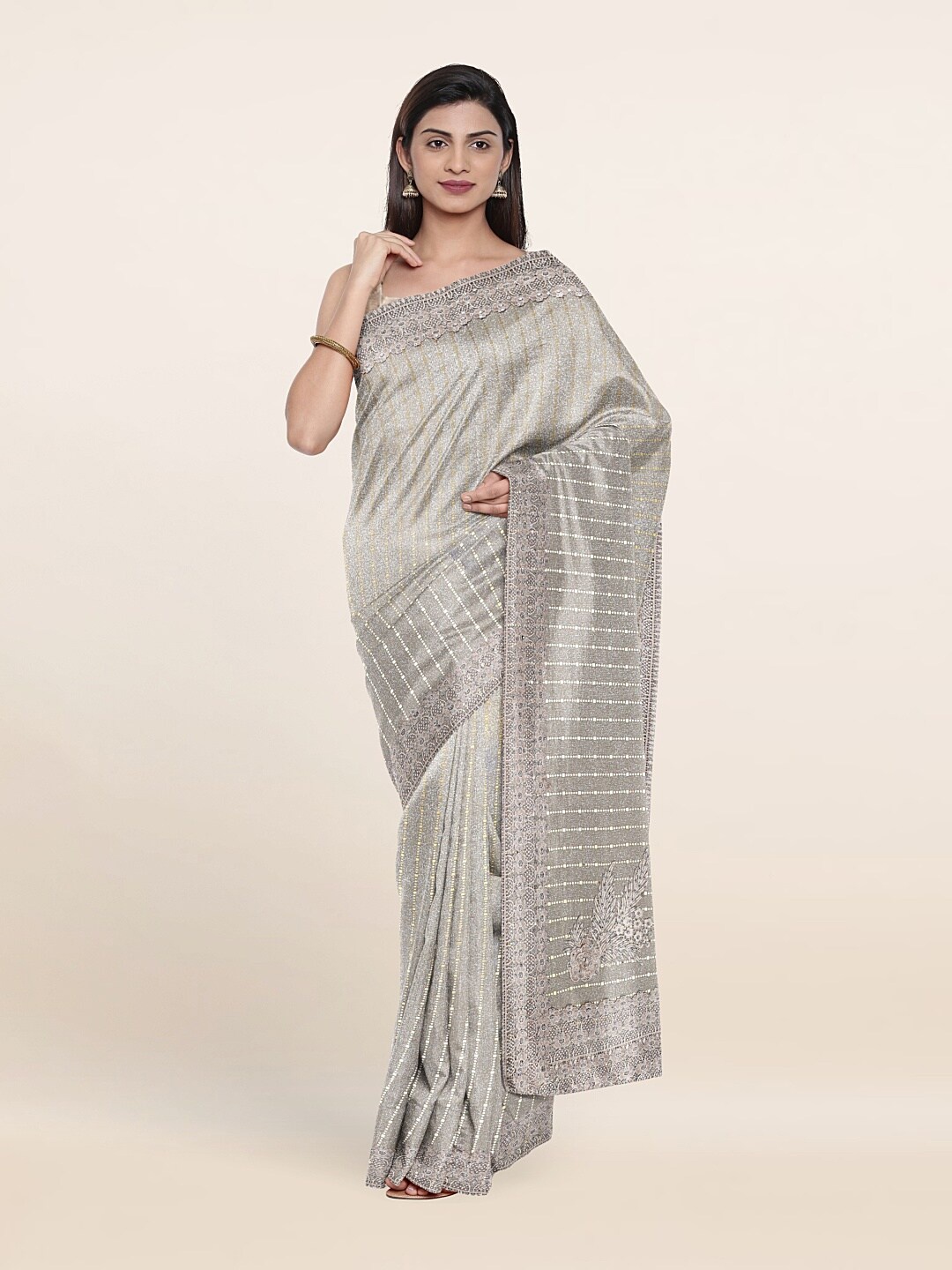 

Pothys Silver-Toned Striped Beads and Stones Saree
