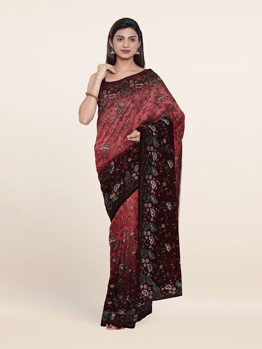 

Pothys Pink & Black Floral Sequinned Net Saree