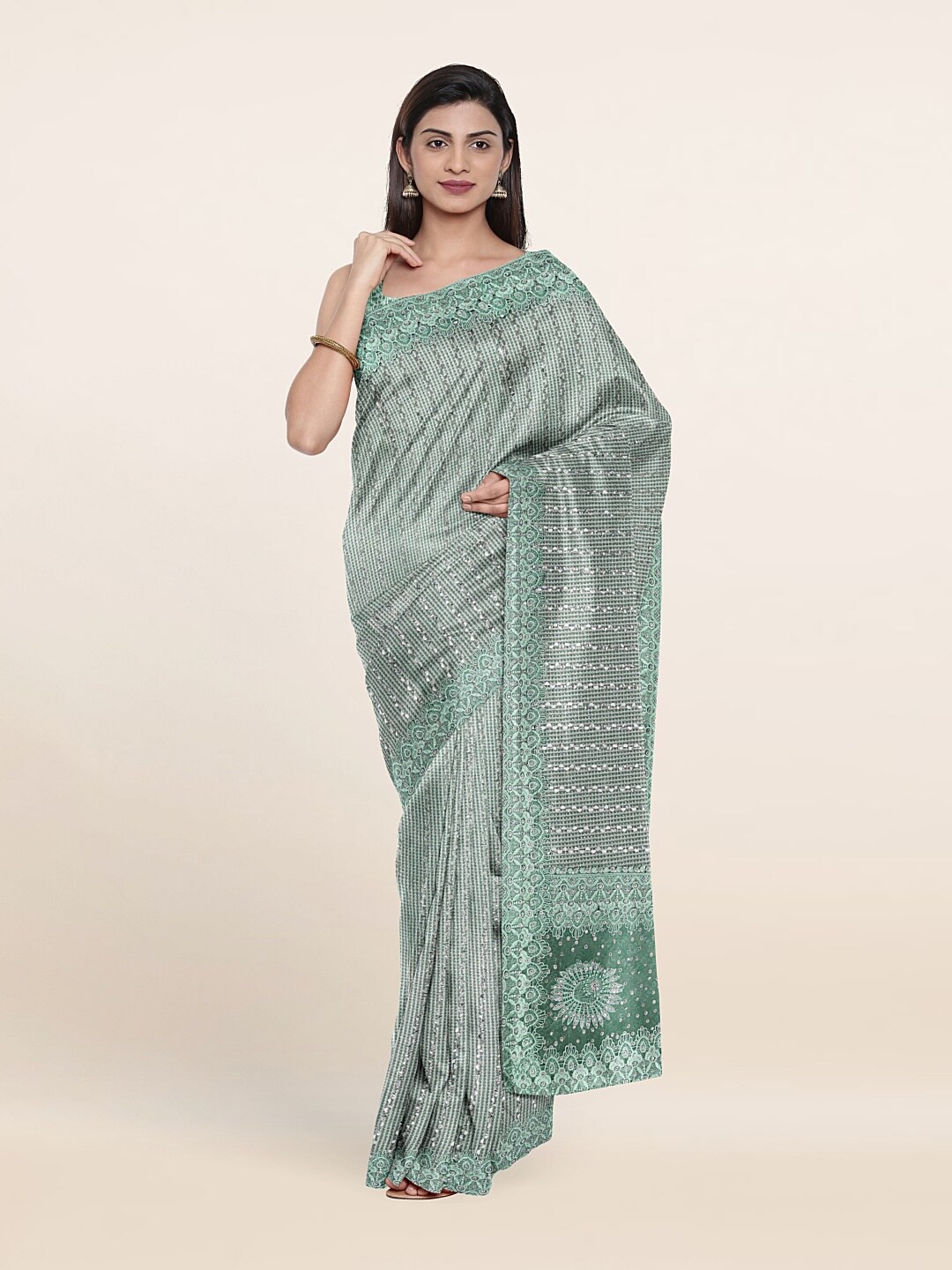 

Pothys Green Floral Beads and Stones Saree