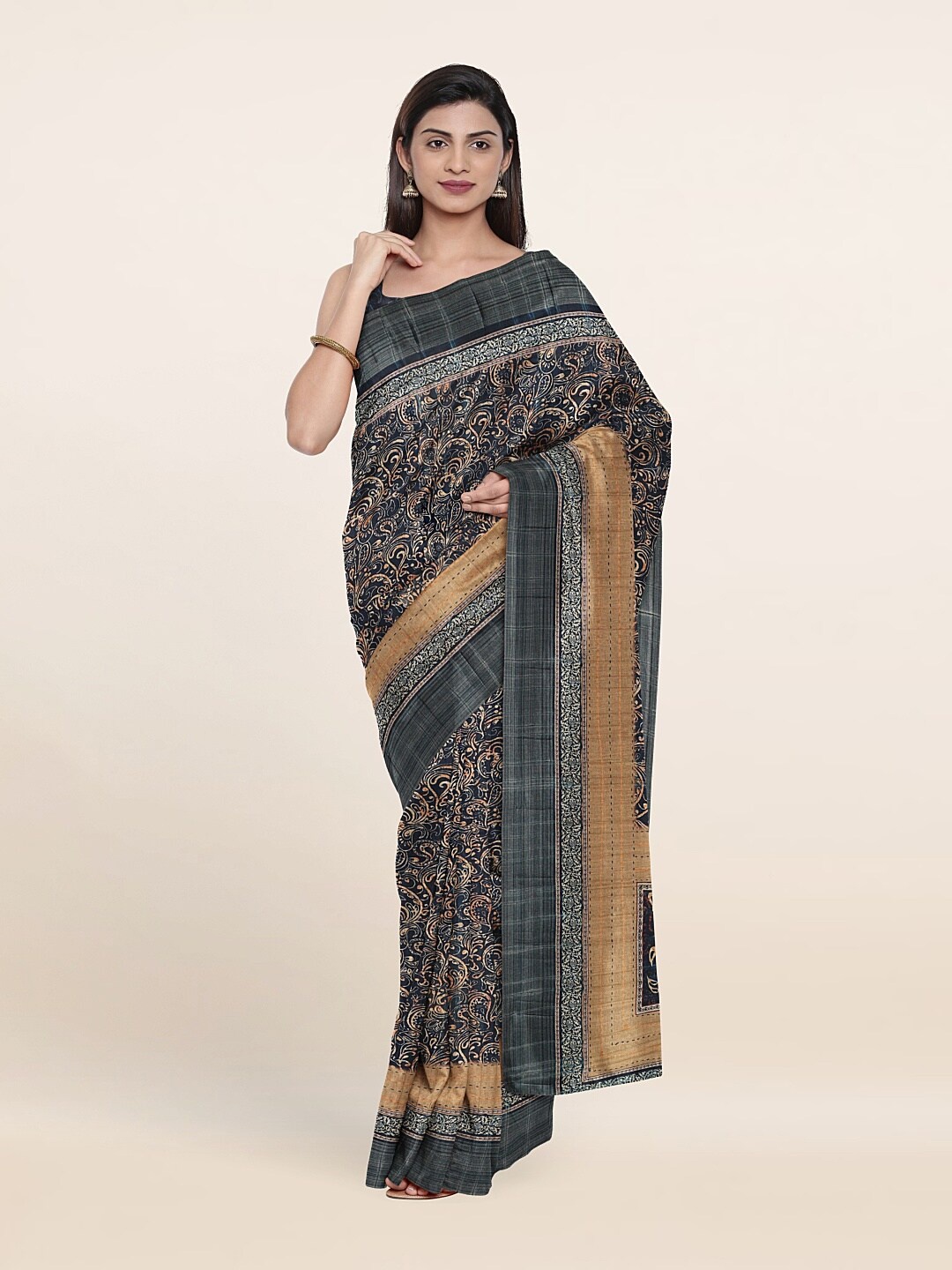 

Pothys Blue & Beige Ethnic Motifs Jute Silk Saree
