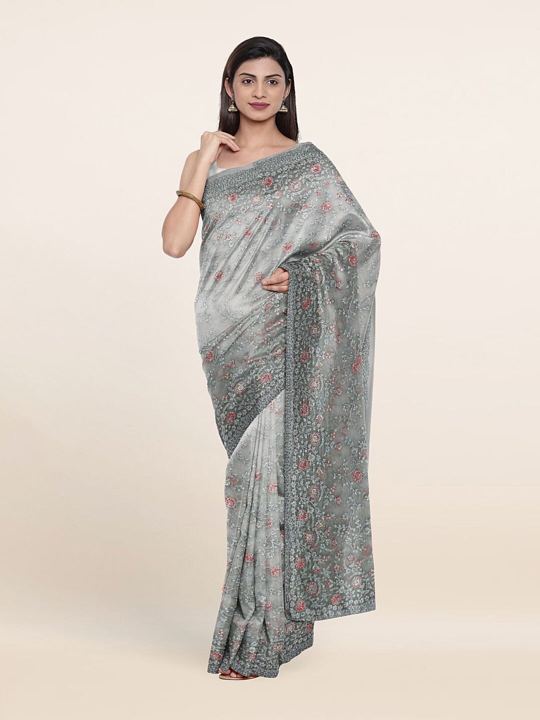 

Pothys Blue & Pink Floral Embroidered Net Saree