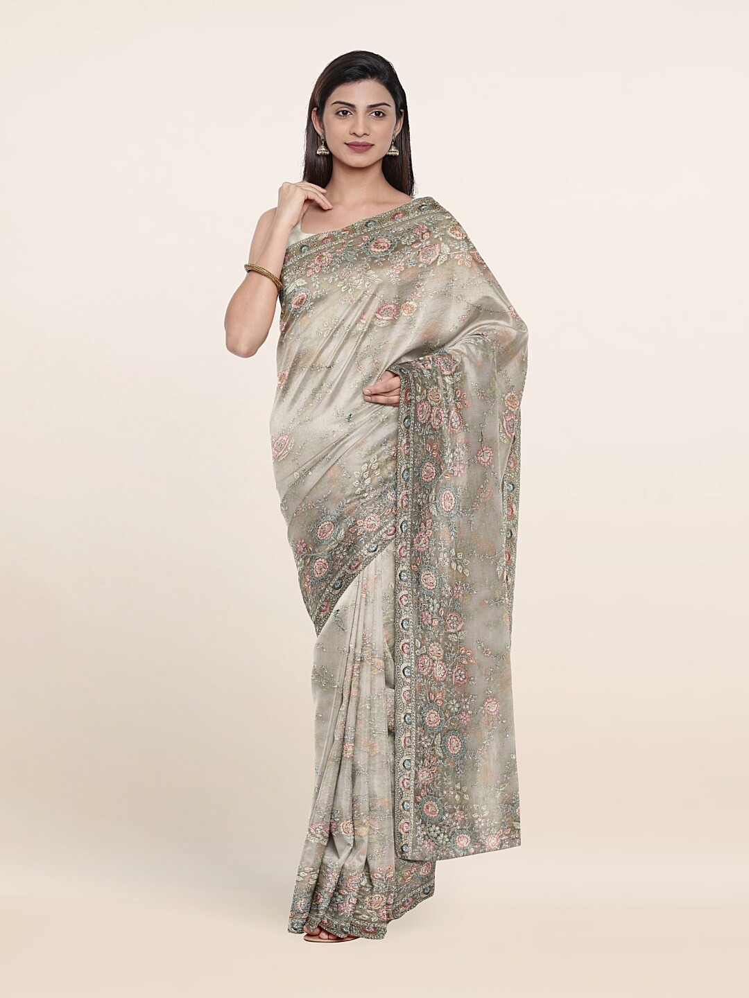 

Pothys Green & Pink Floral Sequinned Net Saree