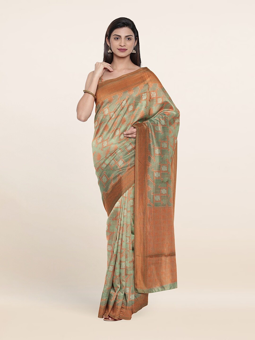 

Pothys Green & Copper-Toned Zari Jute Silk Saree