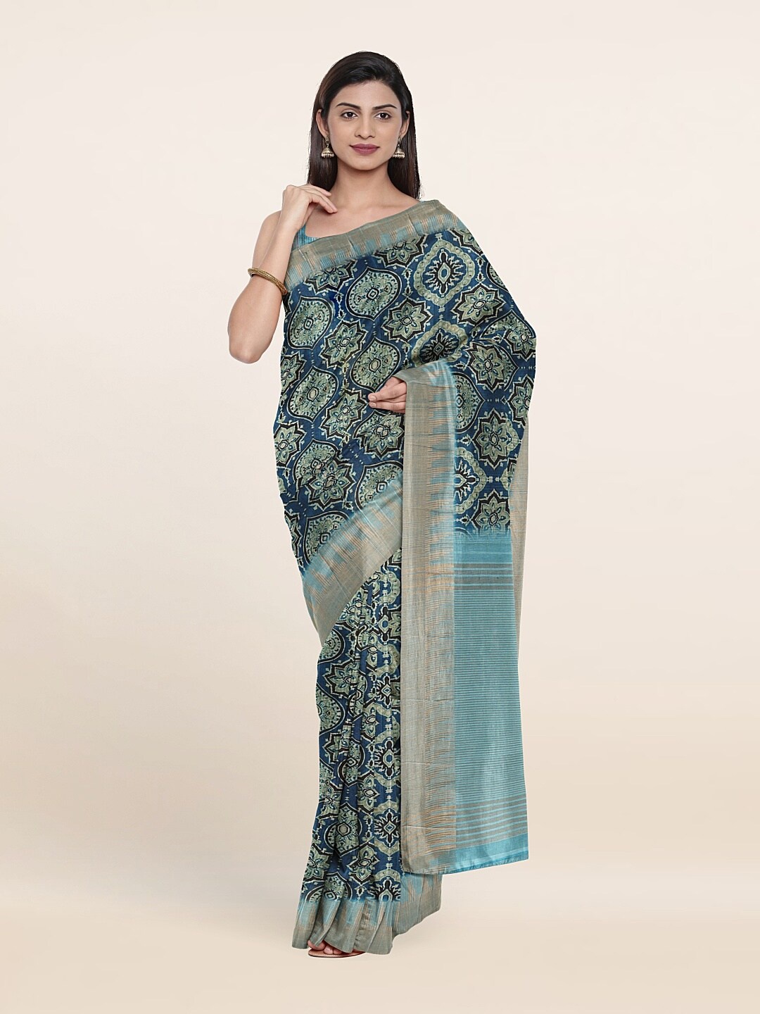 

Pothys Blue & Green Floral Jute Silk Saree