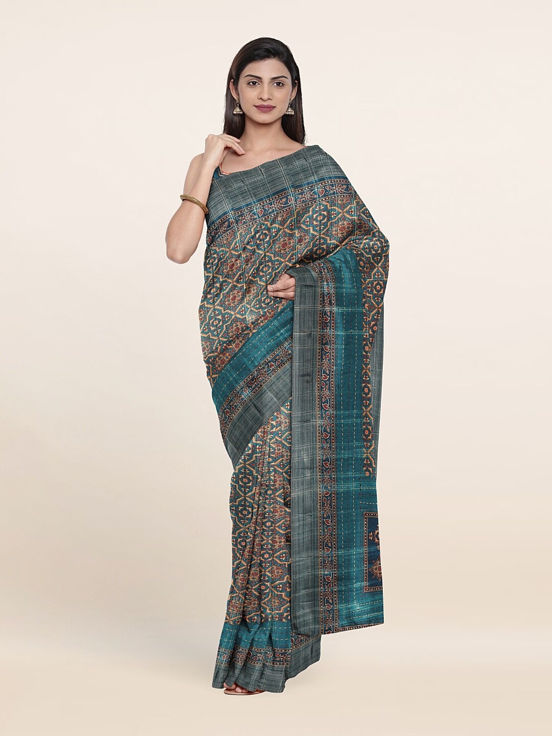 

Pothys Green & Beige Ethnic Motifs Jute Silk Saree