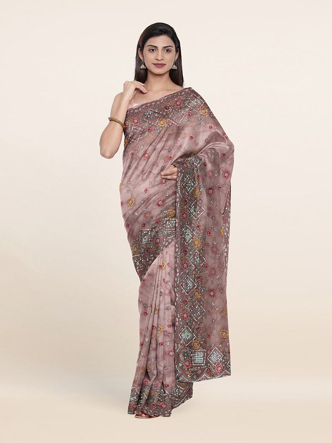 

Pothys Peach-Coloured & Blue Floral Sequinned Net Saree