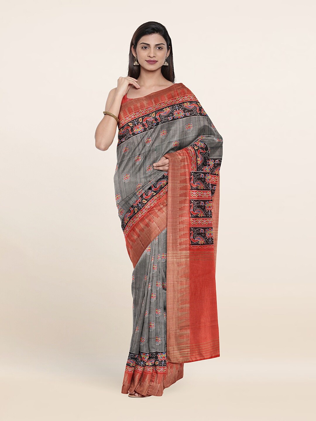 

Pothys Grey & Red Floral Jute Silk Saree