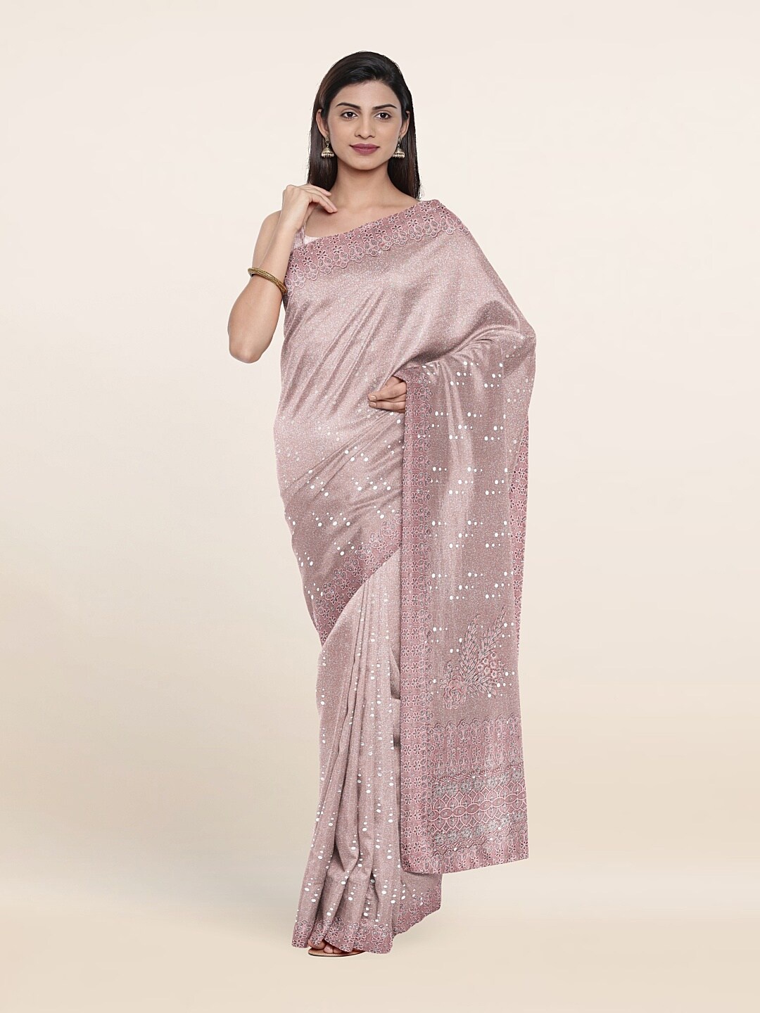 

Pothys Peach-Coloured Embellished Beads and Stones Saree