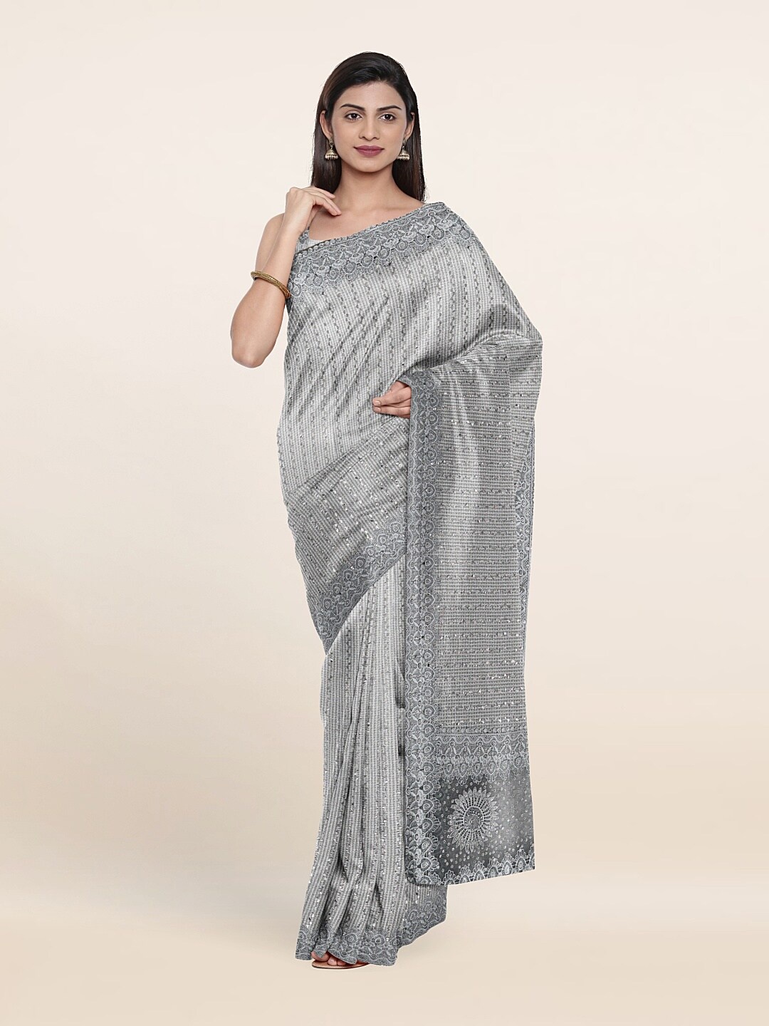 

Pothys Grey Striped Beads and Stones Saree