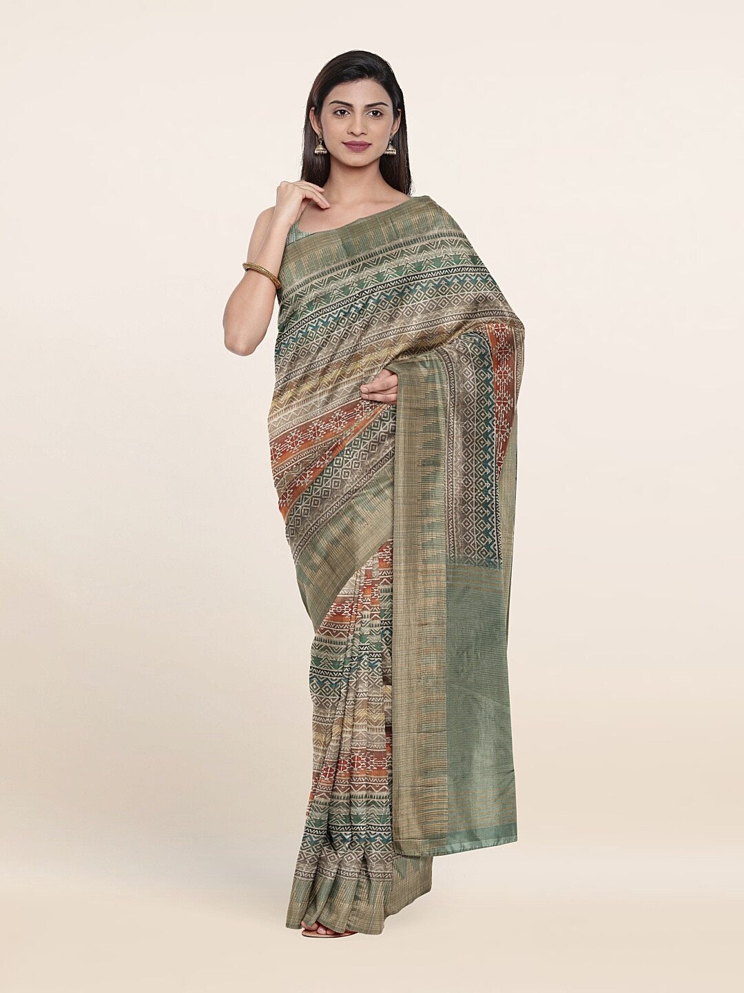 

Pothys Green & Orange Jute Silk Saree