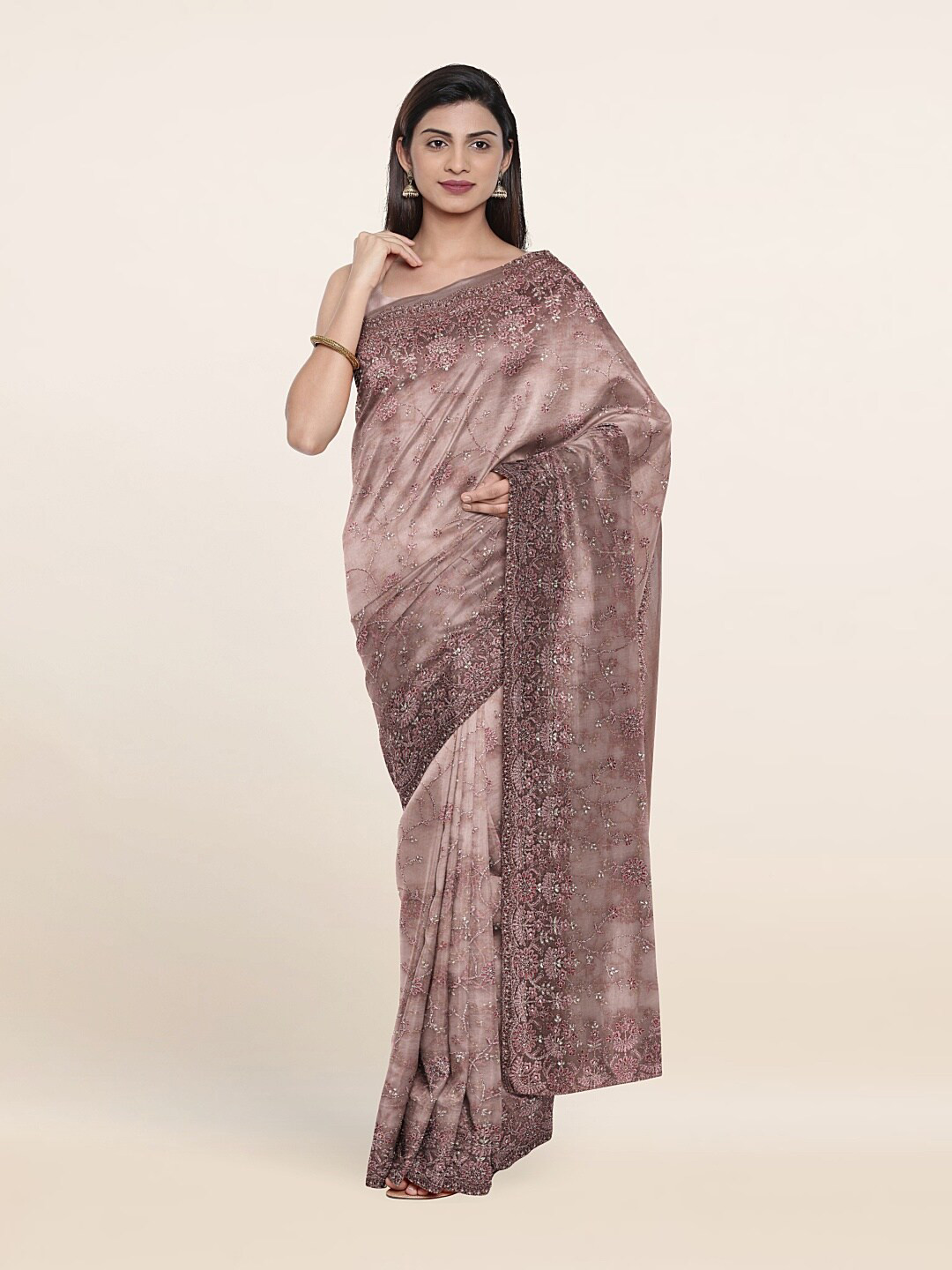 

Pothys Peach-Coloured Floral Sequinned Net Saree