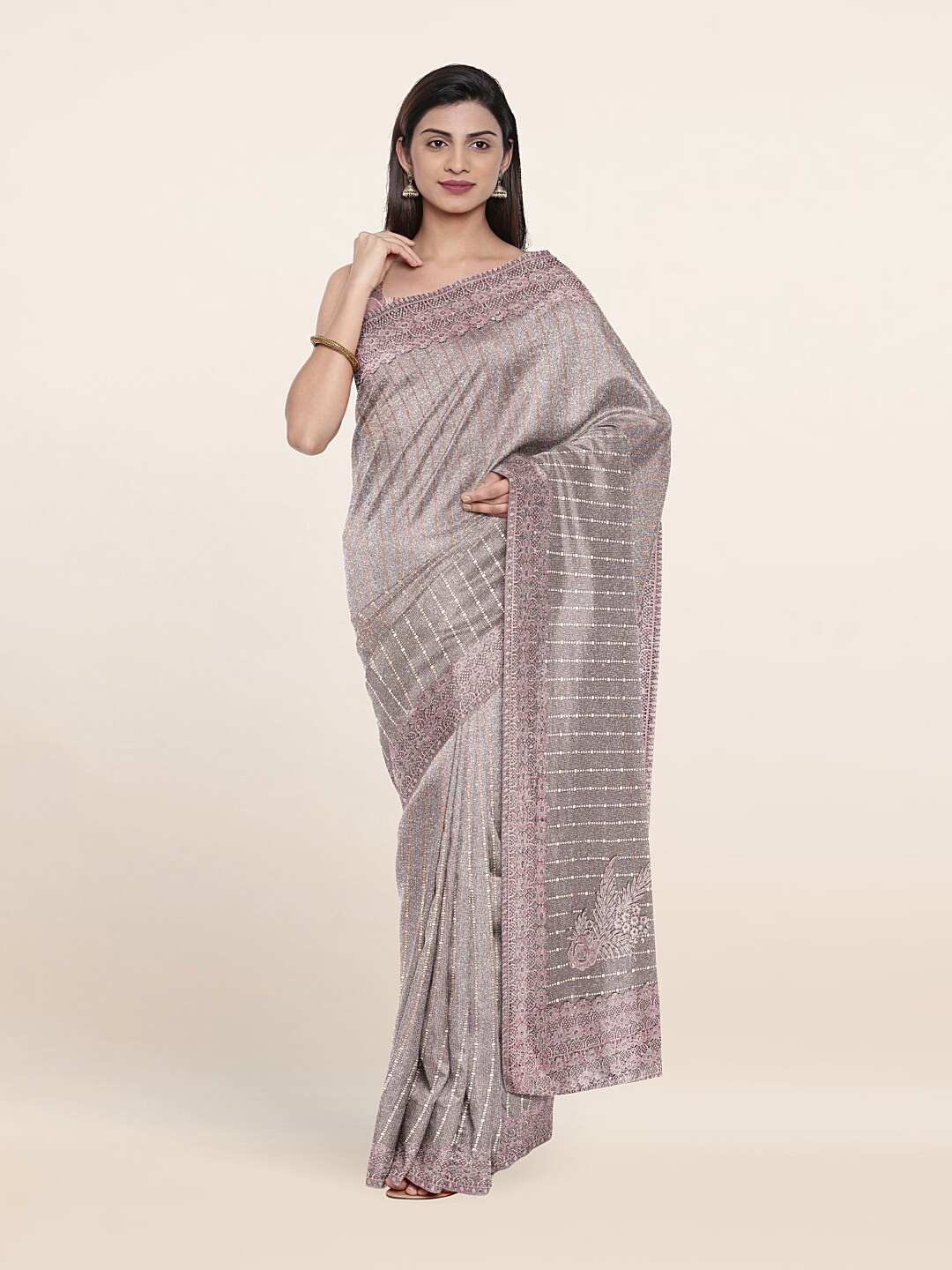 

Pothys Pink Striped Beads and Stones Saree