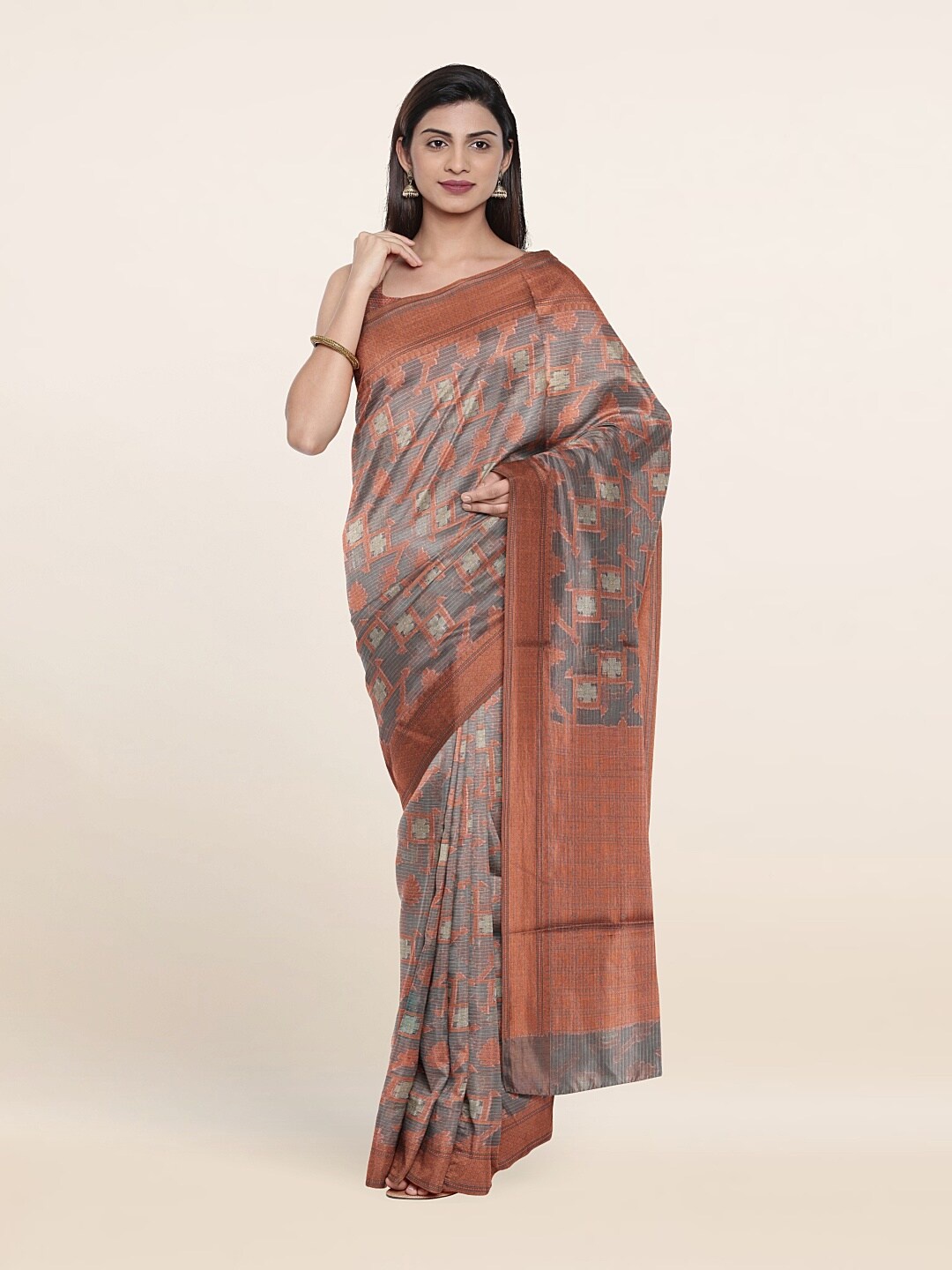 

Pothys Grey & Copper-Toned Zari Jute Silk Saree