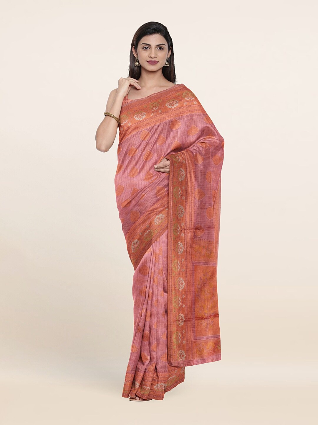 

Pothys Pink & Brown Ethnic Motifs Zari Jute Silk Saree