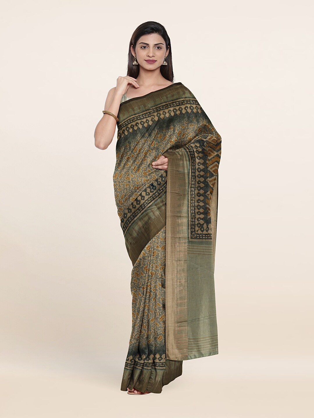 

Pothys Green & Brown Batik Jute Silk Saree