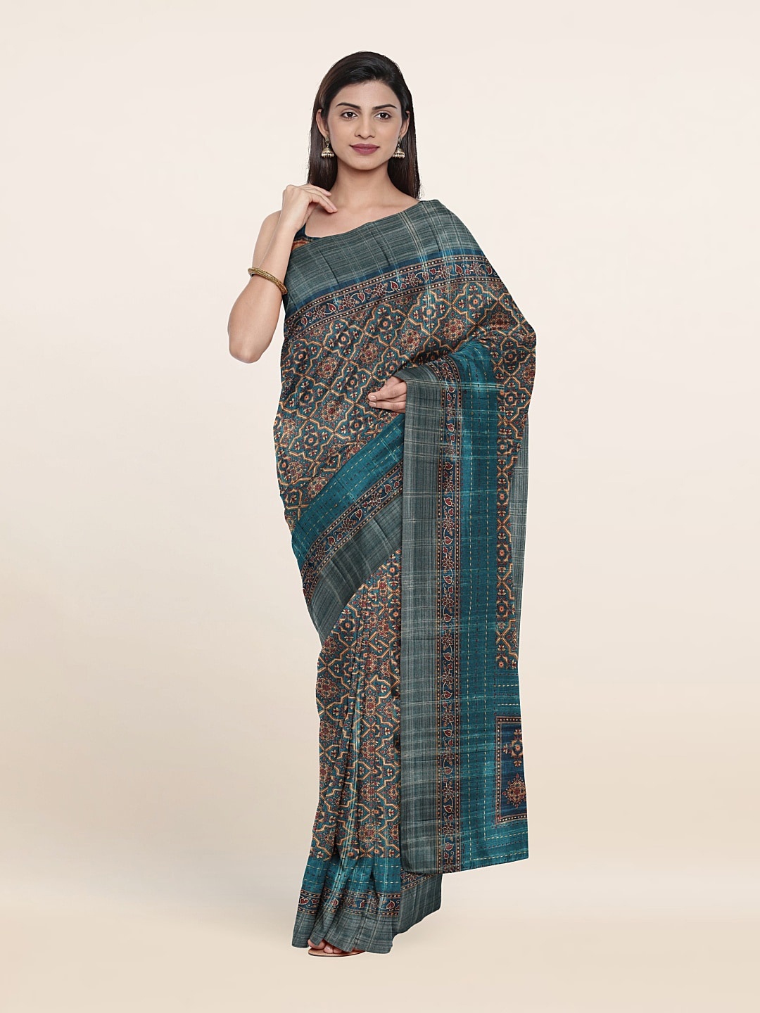 

Pothys Green & Red Ethnic Motifs Jute Silk Saree
