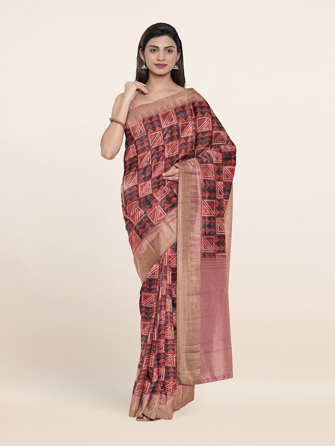 

Pothys Black & Pink Geometric Zari Jute Silk Saree